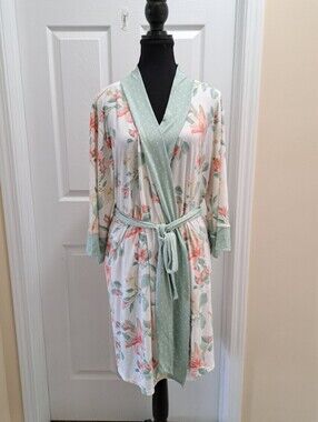 Flora Nikrooz Floral Robe Womens Size Small Polka Dot Trim Tie Belt Feminine